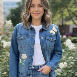 SOHO Embroidered Denim Jacket with Butterfly and Rose PATCHES VINTAGE distressed